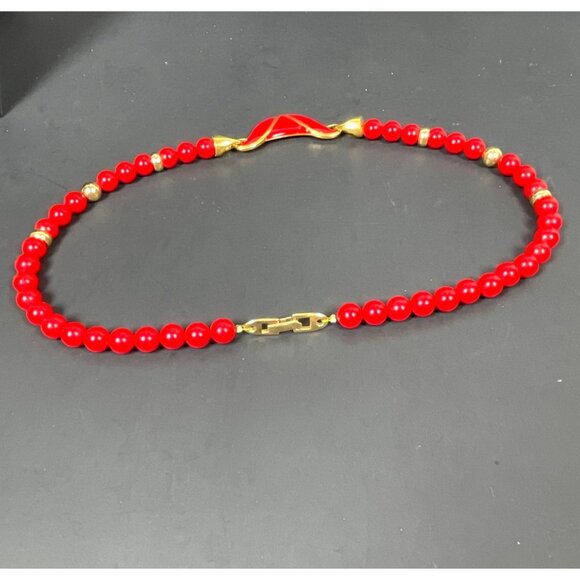 Napier Enamel Pendant Necklace Signed Red Gold Tone Bead Business Classic VTG - Picture 5 of 10